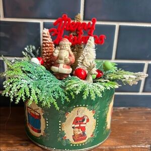 Festive vintage style Green Holiday Decoration with Santa and Merry Christmas